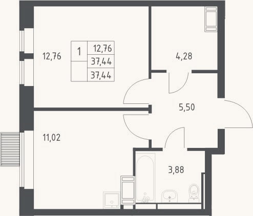Планировка: 1-к, 37,4 м²
