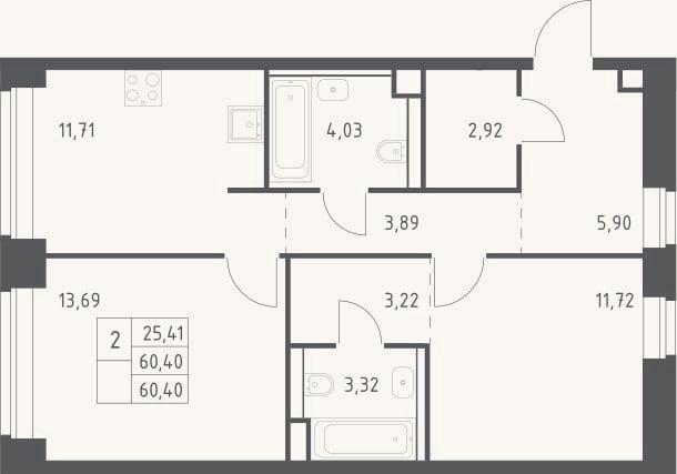 Планировка: 2-к, 60,4 м²