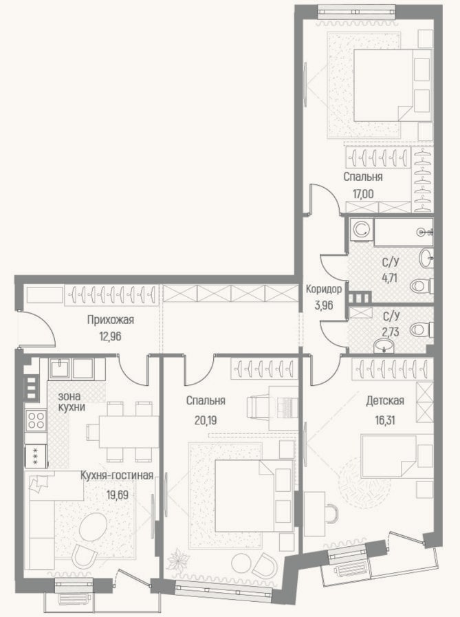 Планировка: 3-к, 97,6 м²