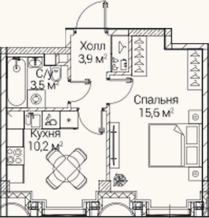 Планировка: 1-к, 33,2 м²