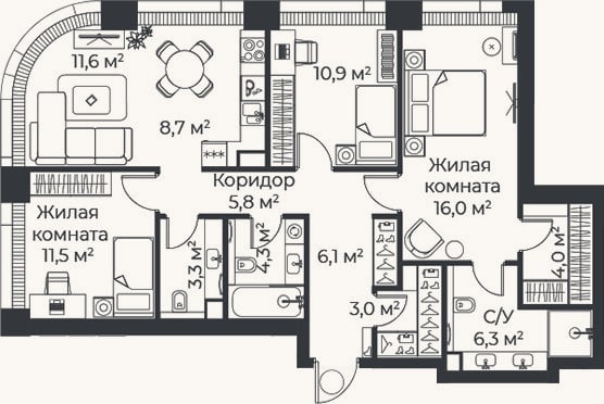 Планировка: 4+ к, 91,5 м²