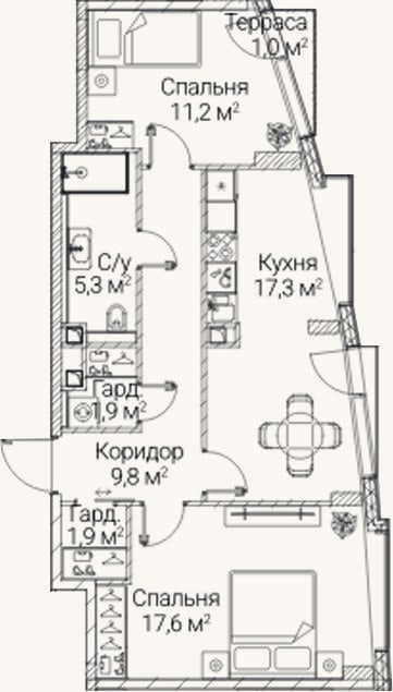 Планировка: 2-к, 65 м²
