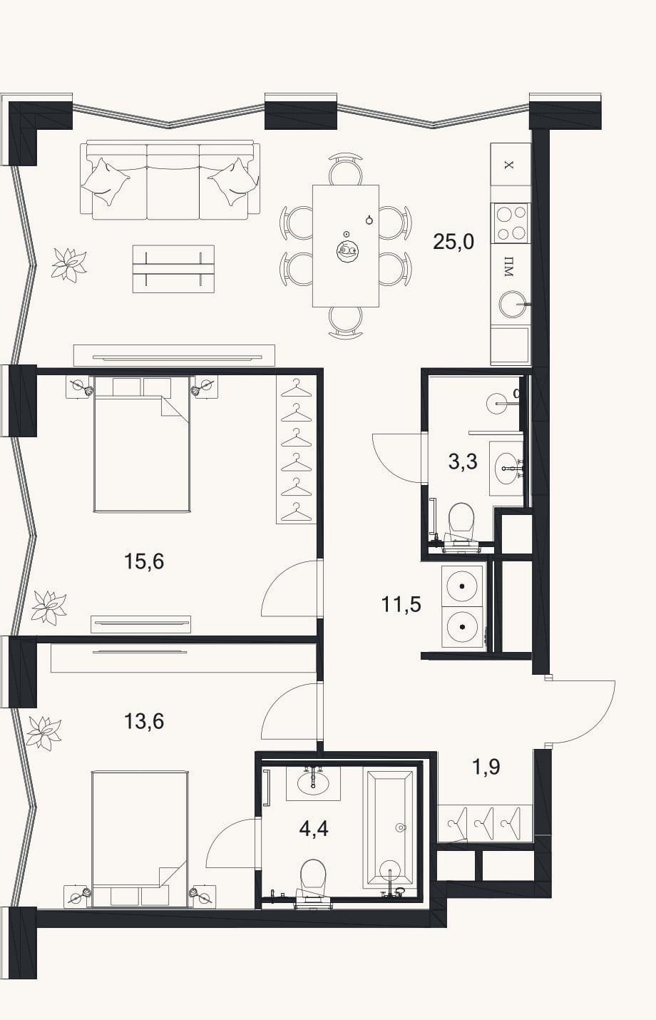 Планировка: 3-к, 75,3 м²