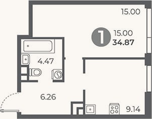 Планировка: 1-к, 34,9 м²