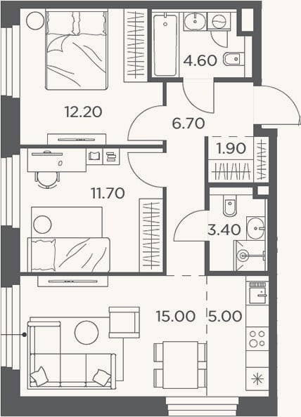 Планировка: 3-к, 60,5 м²