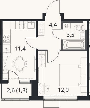 Планировка: 1-к, 32,2 м²