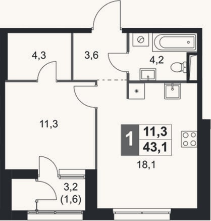 Планировка: 2-к, 41,5 м²