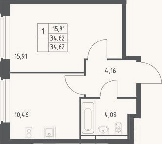 Планировка: 1-к, 34,6 м²