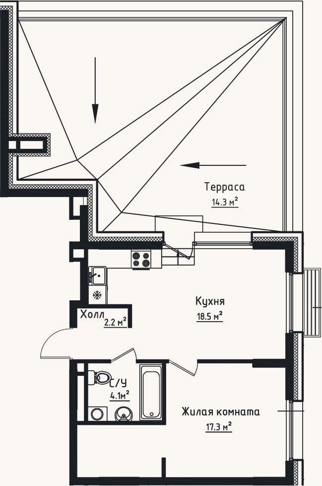 Планировка: 1-к, 42,1 м²