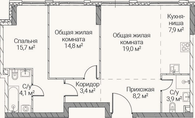Планировка: 3-к, 77 м²
