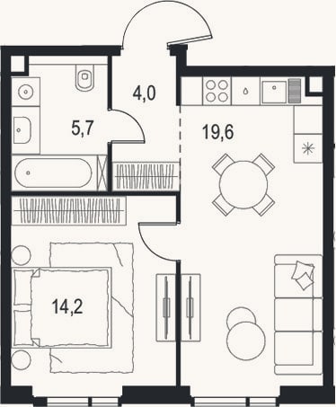 Планировка: 2-к, 43,5 м²