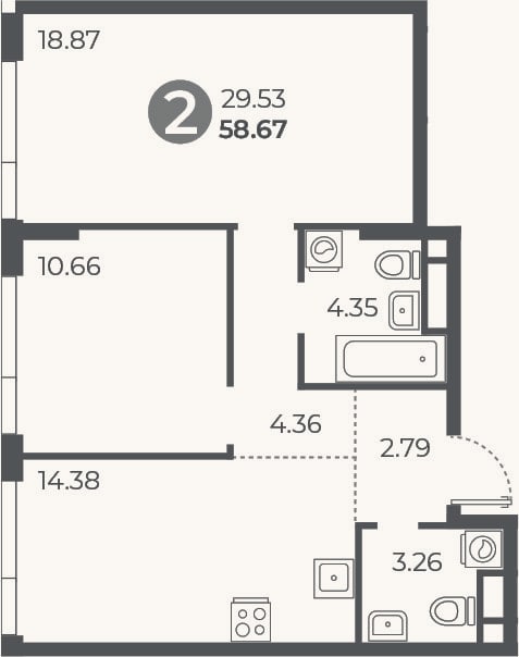 Планировка: 2-к, 58,7 м²