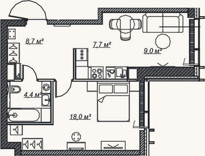 Планировка: 2-к, 47,8 м²