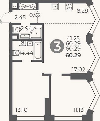 Планировка: 2-к, 60,3 м²