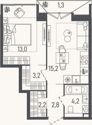 Планировка: 2-к, 40,6 м²