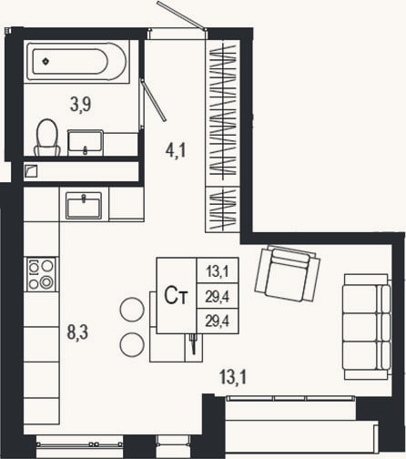 Планировка: Студия, 29,4 м²