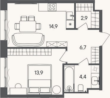 Планировка: 1-к, 42,8 м²