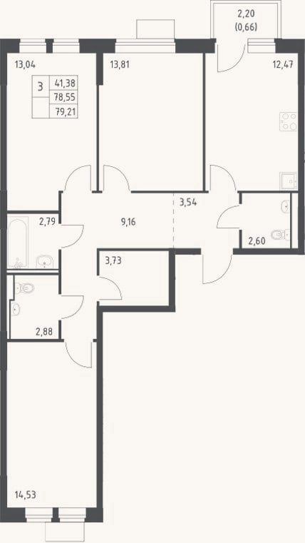 Планировка: 3-к, 78,6 м²