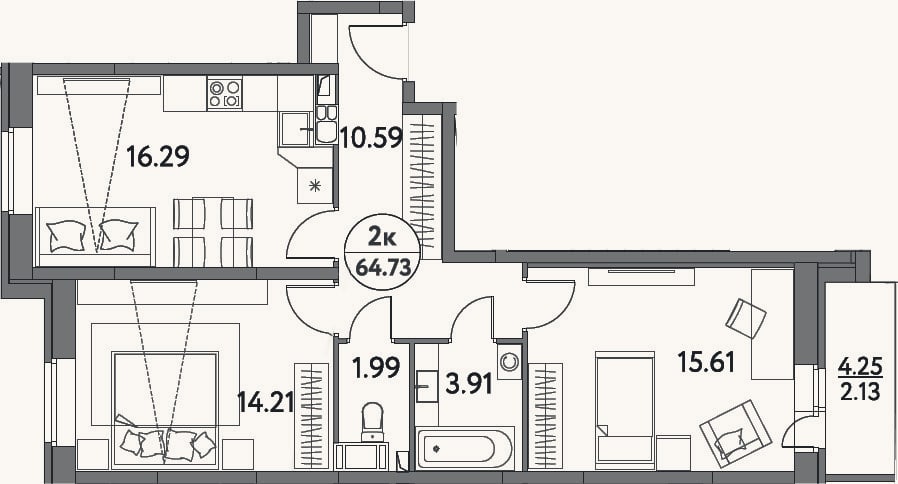 Планировка: 3-к, 62,6 м²