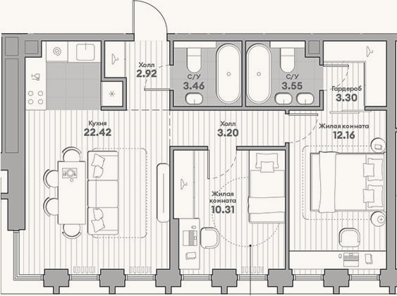 Планировка: 2-к, 61,3 м²