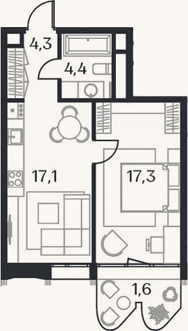 Планировка: 2-к, 43,1 м²