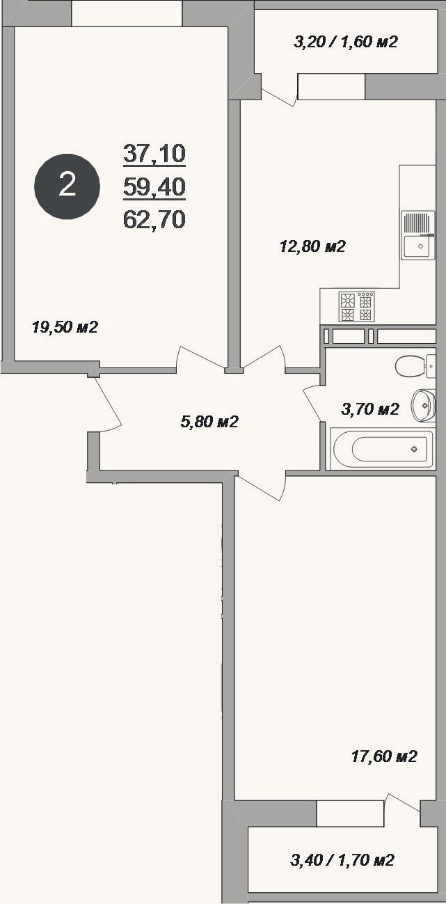 Планировка: 2-к, 59,4 м²