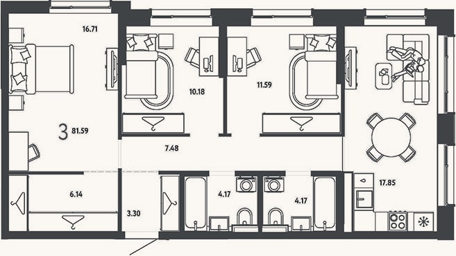 Планировка: 3-к, 81,6 м²