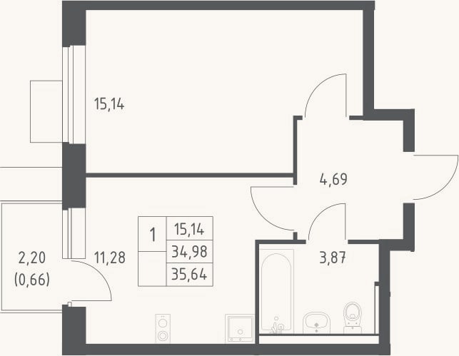 Планировка: 1-к, 35 м²