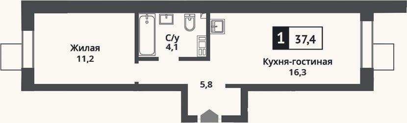 Планировка: 2-к, 37,4 м²