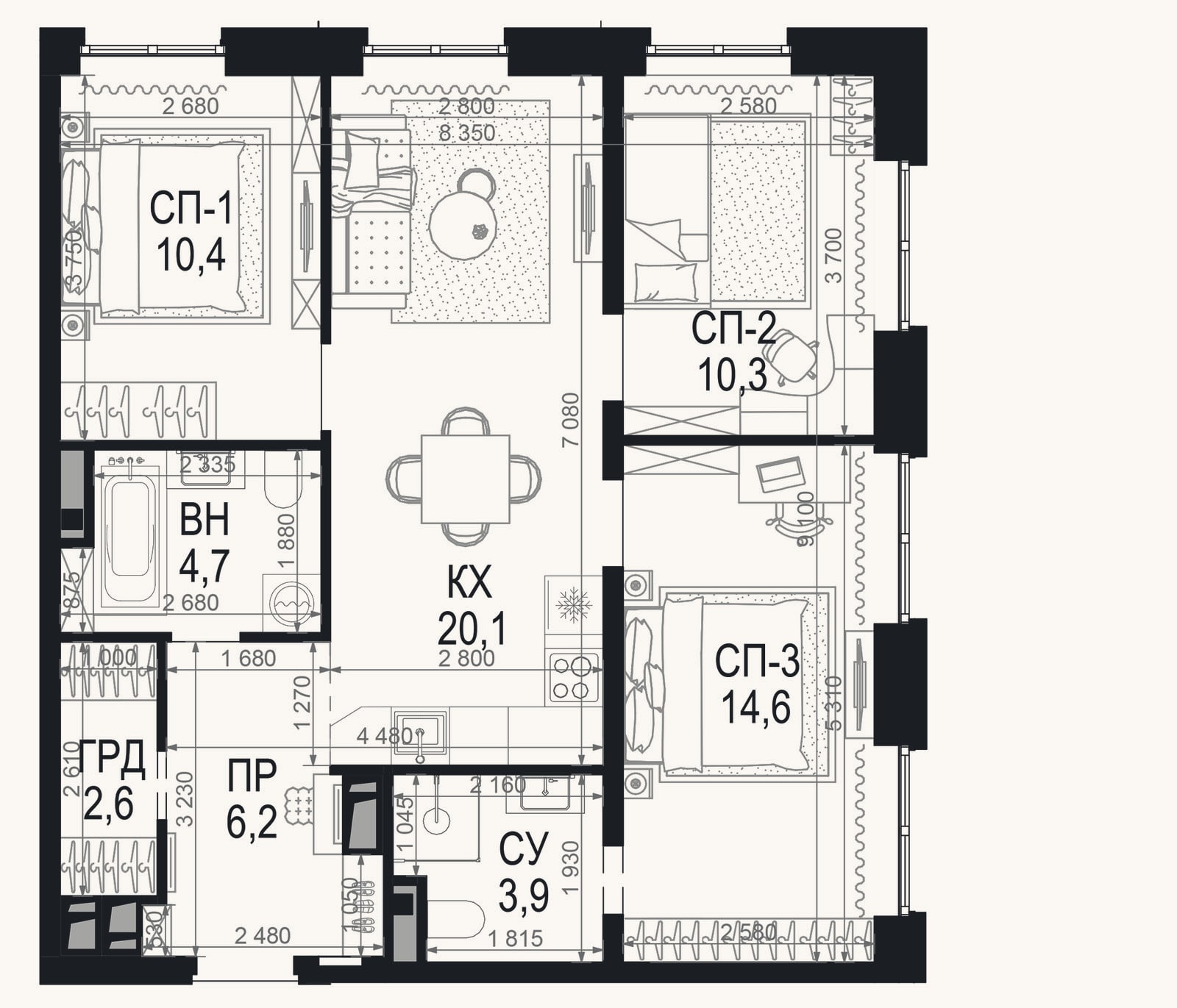 Планировка: 3-к, 72,8 м²