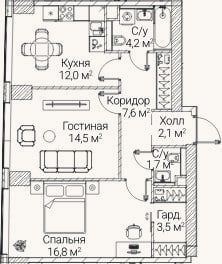 Планировка: 2-к, 61,9 м²