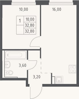 Планировка: 2-к, 32,8 м²