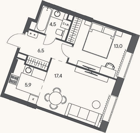 Планировка: 2-к, 47,3 м²