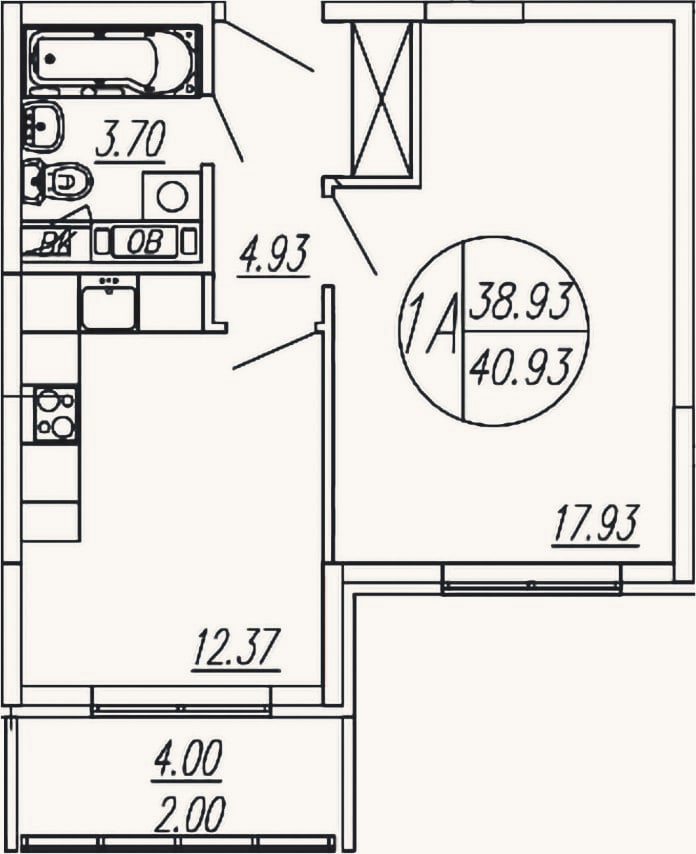 Планировка: 1-к, 38,9 м²