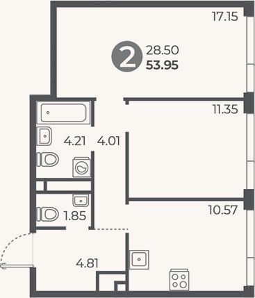 Планировка: 2-к, 54 м²