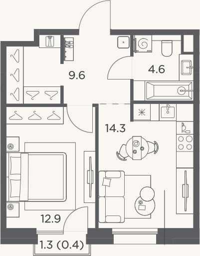 Планировка: 1-к, 41,4 м²