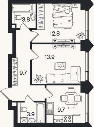 Планировка: 2-к, 53,8 м²