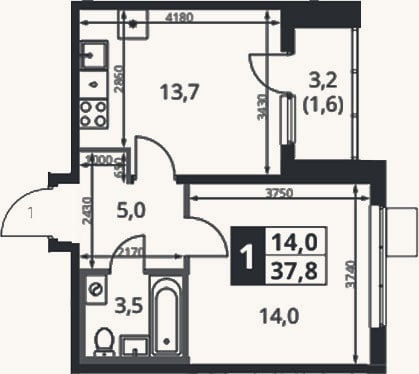 Планировка: 1-к, 36,2 м²