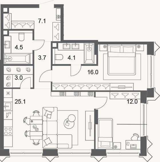 Планировка: 3-к, 75,5 м²
