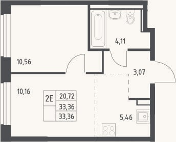 Планировка: 2-к, 33,4 м²
