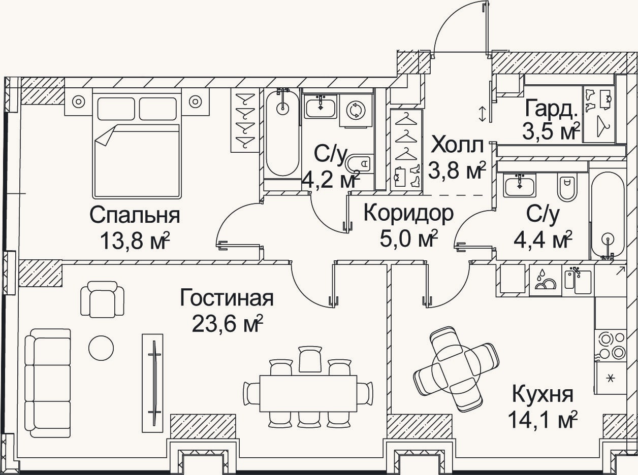 Планировка: 2-к, 72,8 м²
