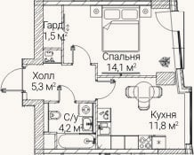 Планировка: 1-к, 36,7 м²