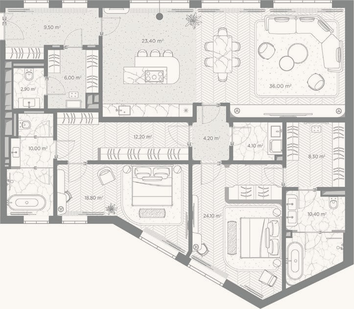Планировка: 2-к, 169,9 м²