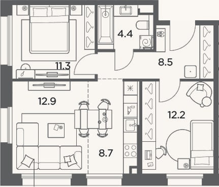 Планировка: 3-к, 58 м²