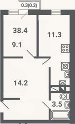 Планировка: 2-к, 38,1 м²
