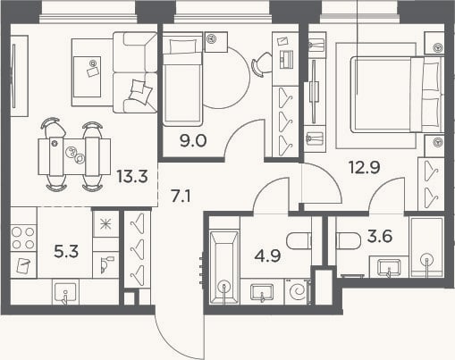 Планировка: 3-к, 56,1 м²