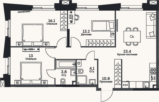 Планировка: 4+ к, 84,4 м²