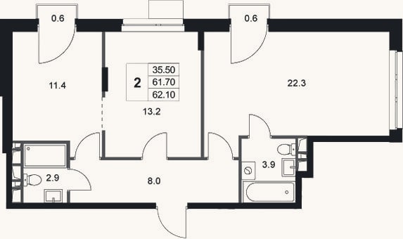 Планировка: 2-к, 61,7 м²