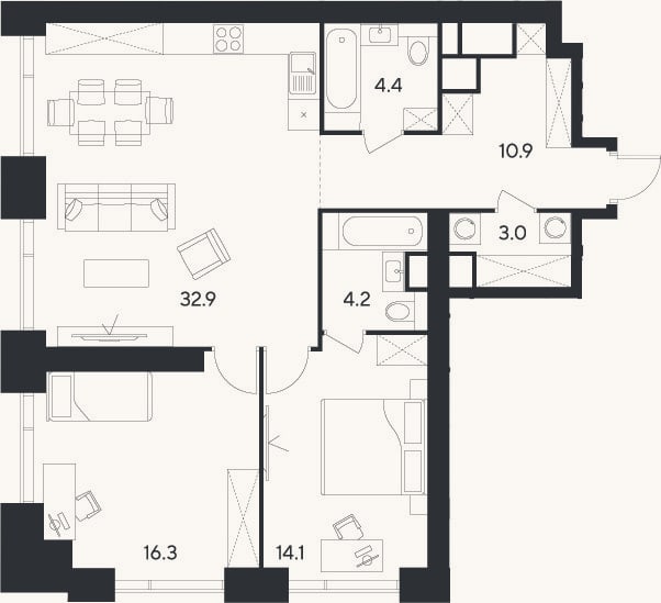 Планировка: 2-к, 85,8 м²