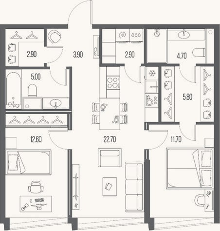Планировка: 2-к, 72,2 м²